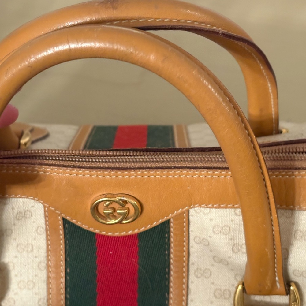 Vintage Gucci Beige and Tan Satchel with Red and Green Stripe pristine - Picture 7 of 7
